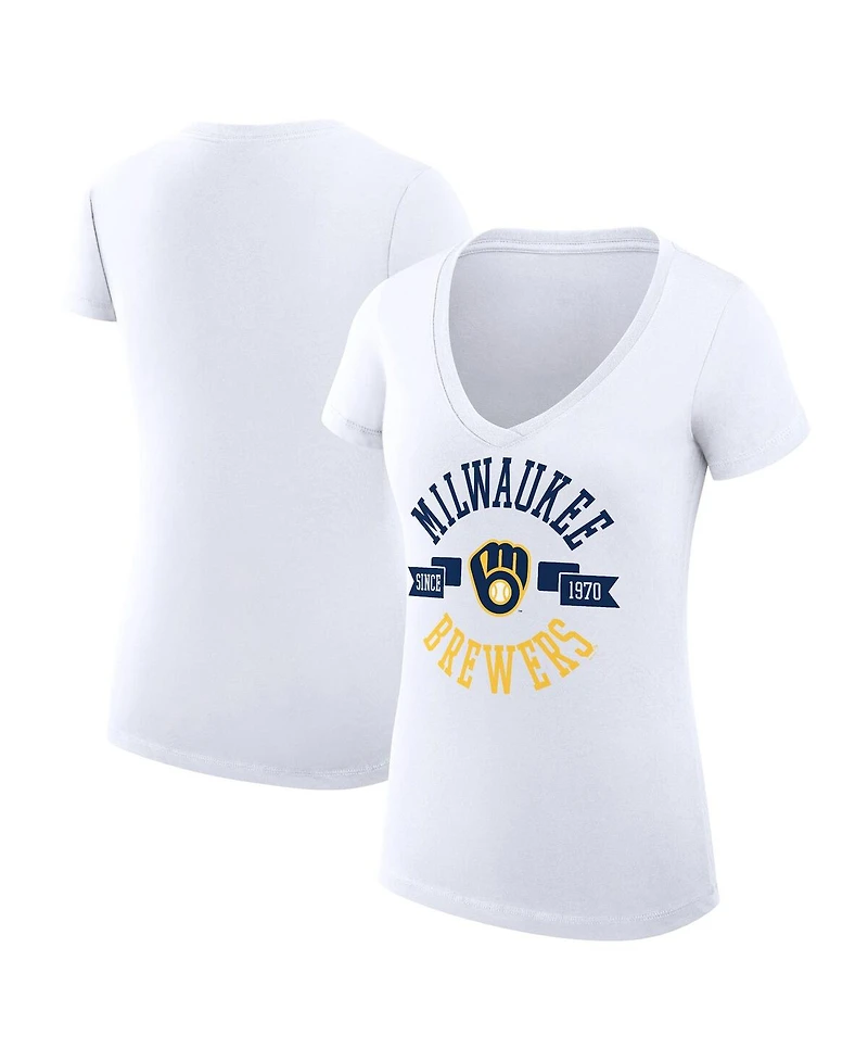 G-iii 4Her by Carl Banks Women's White Milwaukee Brewers Super-Slim Fit Lightweight City Graphic V-Neck T-Shirt