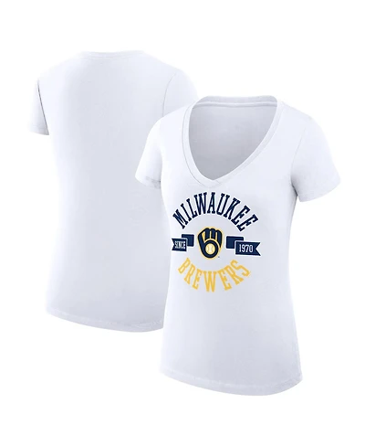 G-iii 4Her by Carl Banks Women's White Milwaukee Brewers Super-Slim Fit Lightweight City Graphic V-Neck T-Shirt