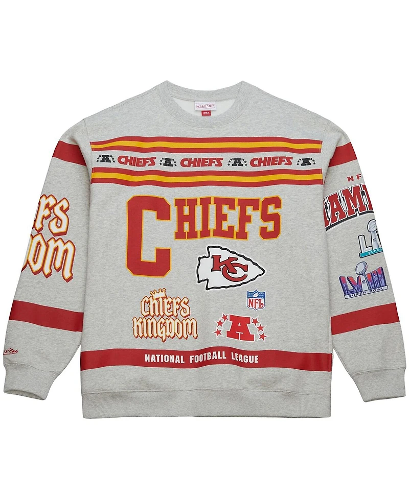 Mitchell & Ness Men's Heather Gray Kansas City Chiefs All Over Print Vintage Fleece Crewneck Sweatshirt