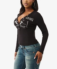 True Religion Women's Ls Printed Ribbed Henley Top