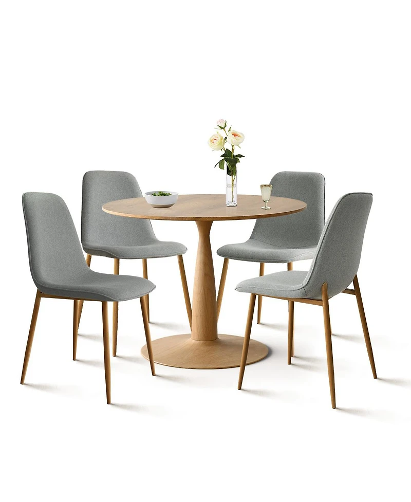 Maison Boucle Light Wood Finish 5-Piece Dining Set with 39.5 Inch Round Table and 4 Green Upholstered Chairs Wood-Look Metal Legs-Maison