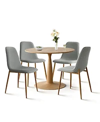 Maison Boucle Light Wood Finish 5-Piece Dining Set with 39.5 Inch Round Table and 4 Green Upholstered Chairs Wood-Look Metal Legs-Maison