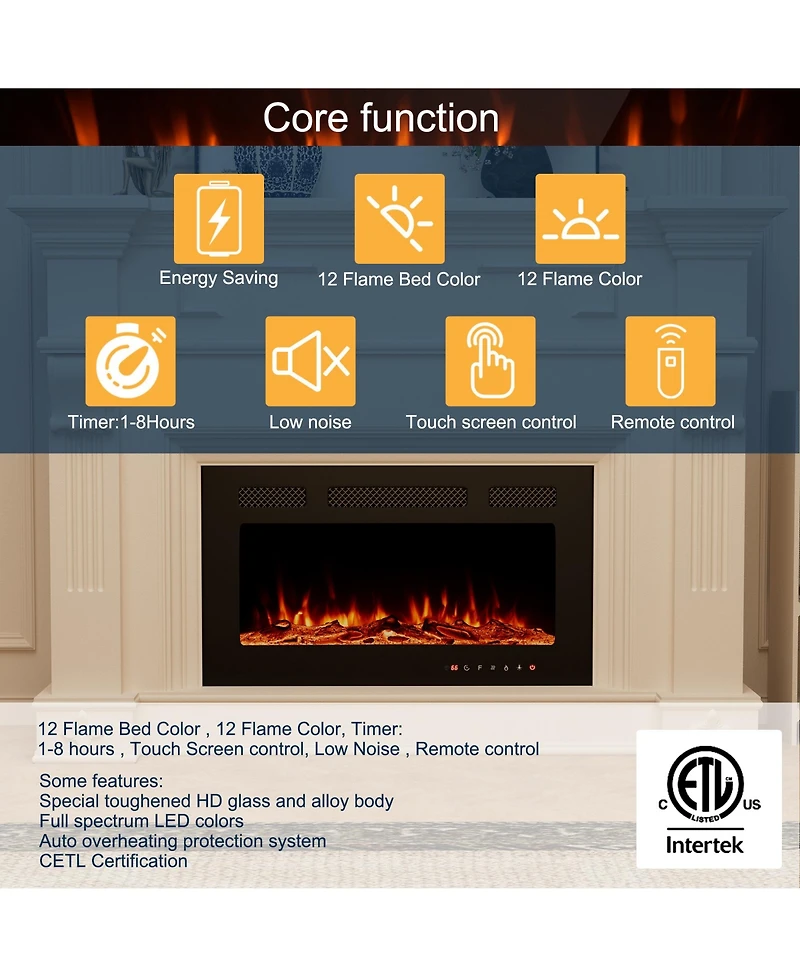 30''Classic Built-in or Wall-Mounted Direct Vent Electric Fireplace