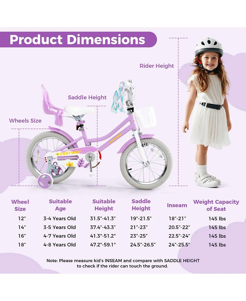 Kids Bicycle with Basket Doll Seat Colorful Streamers Training Wheels Purple