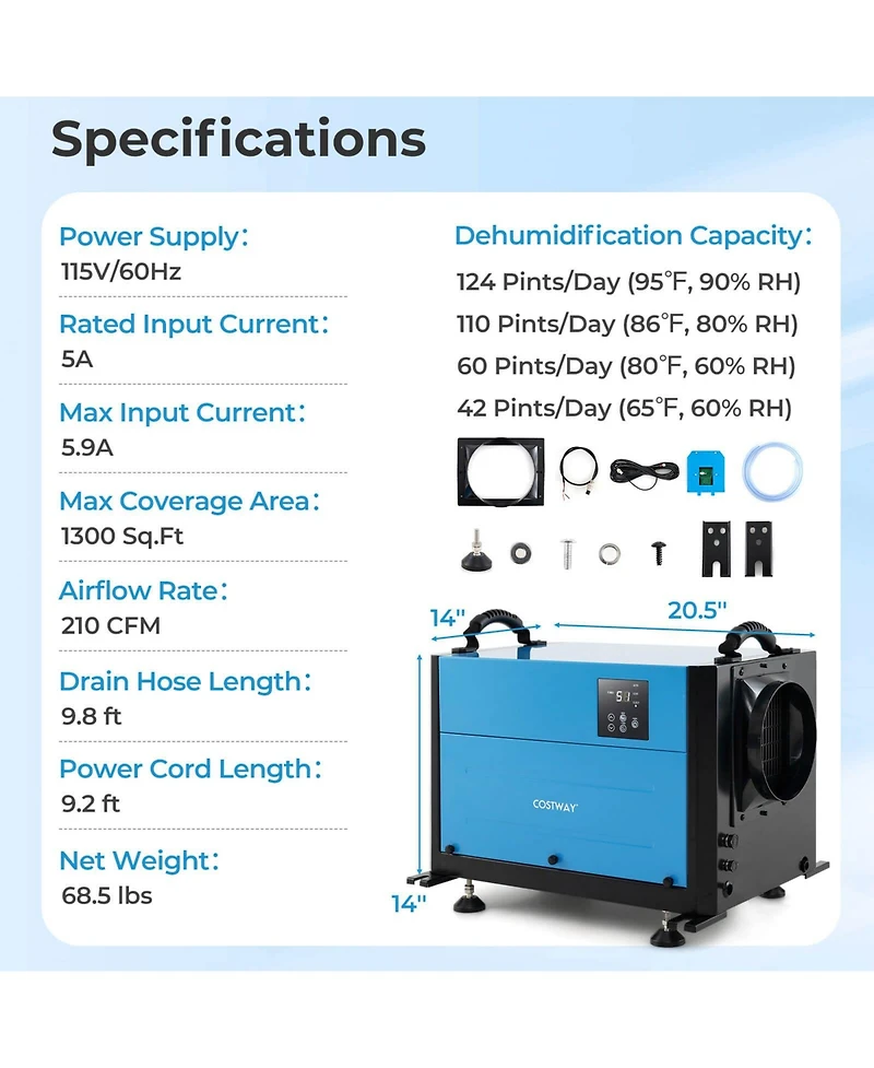 Costway 124 Pint Crawl Space Dehumidifier Commercial with 3 Modes & 24H Timer 1300 Square. feet Coverage Area