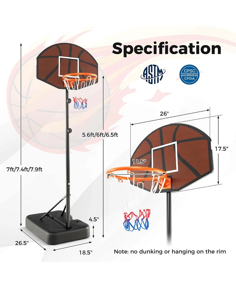 Basketball Hoop 5.6-6.5 Ft Height Adjustable for Kids with Shatterproof Backboard