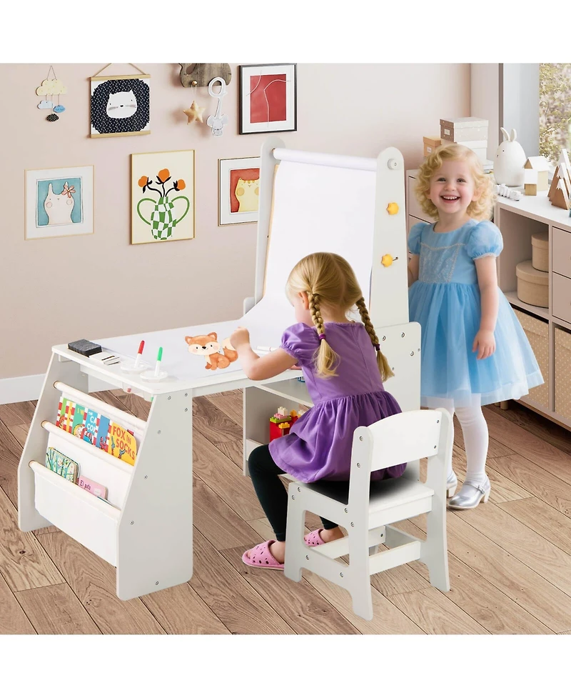 Costway Boys Art Table and Chair Set with Easel & Whiteboard Chalkboard Paper Roll
