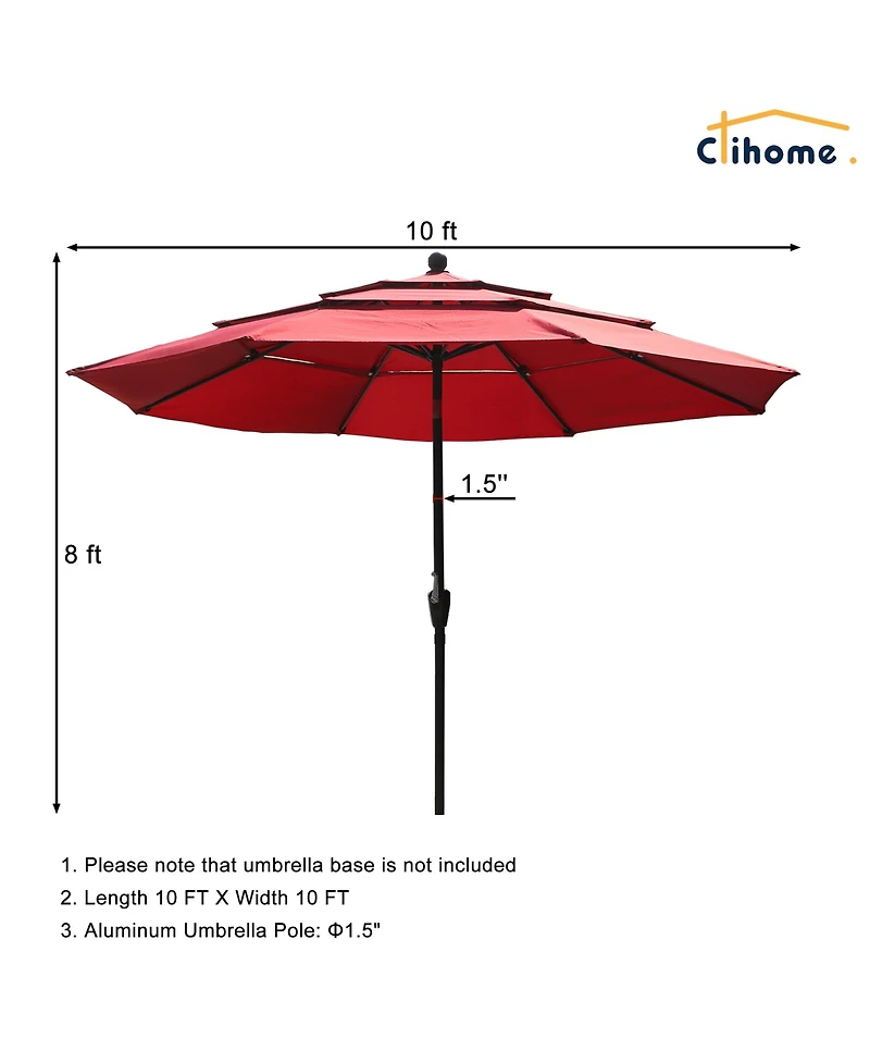Clihome 3-Tier Patio Umbrella,10ft Outdoor Table Umbrella Large Pool For Deck, Pool, Garden, Patio，Red
