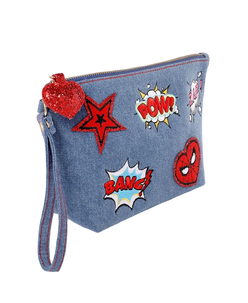 Marvel SpiderMan Denim Patch Cosmetic Pouch with Comic Pop Embellishments
