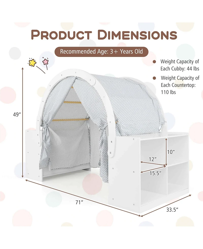 Indoor Playhouse with Storage Wooden Kids Play Tent with Curtain Shades & 8 Cubbies