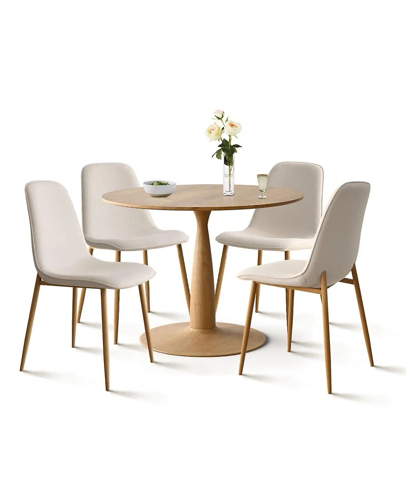 Maison Boucle Light Wood Finish 5-Piece Dining Set with 39.5 Inch Round Table and 4 Green Upholstered Chairs with Wood-Look Metal Legs-Maison Boucle