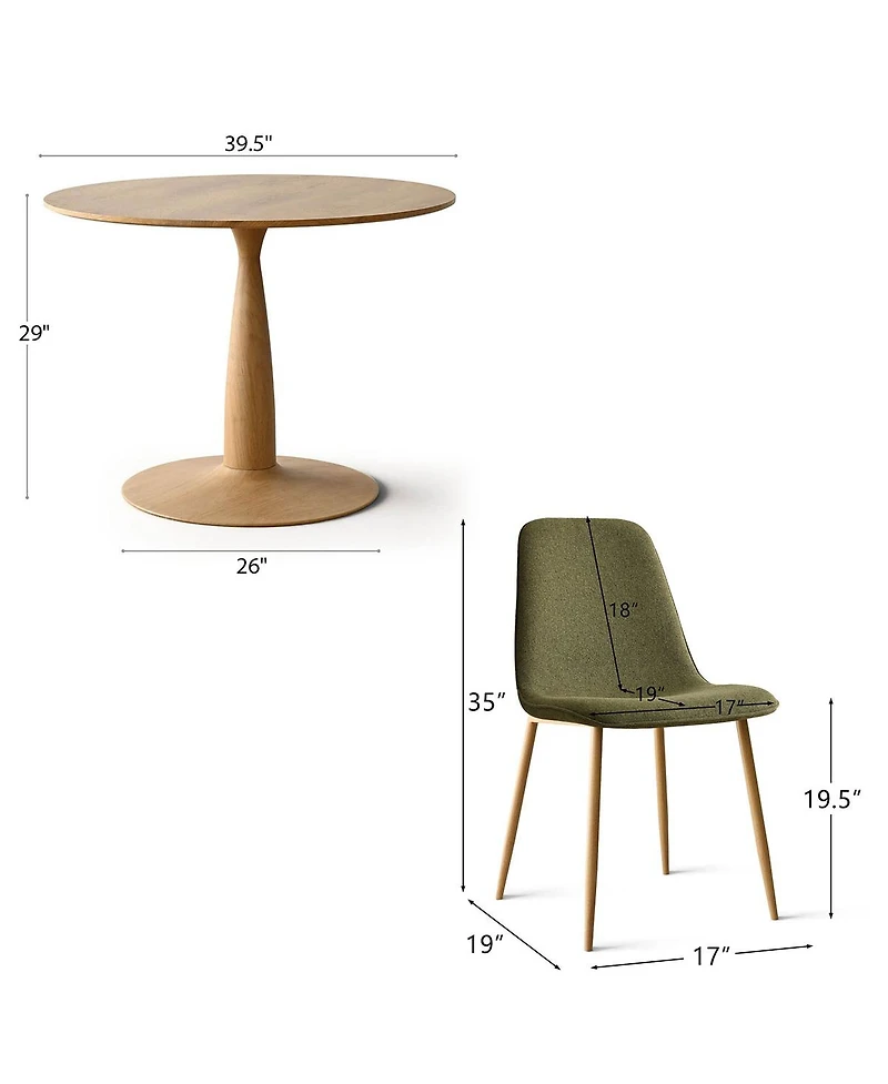 Maison Boucle Light Wood Finish 5-Piece Dining Set with 39.5 Inch Round Table and 4 Green Upholstered Chairs Wood-Look Metal Legs-Maison