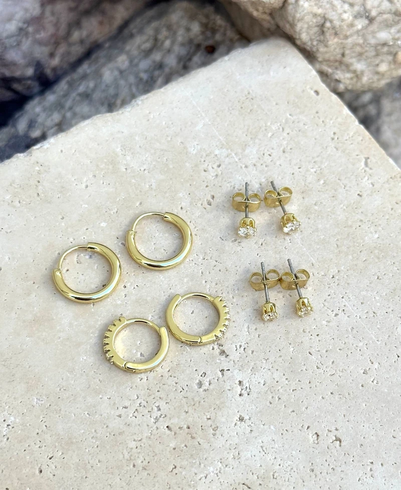 Adornia Gold Cz Hoop and Solitaire Stud Earrings Set