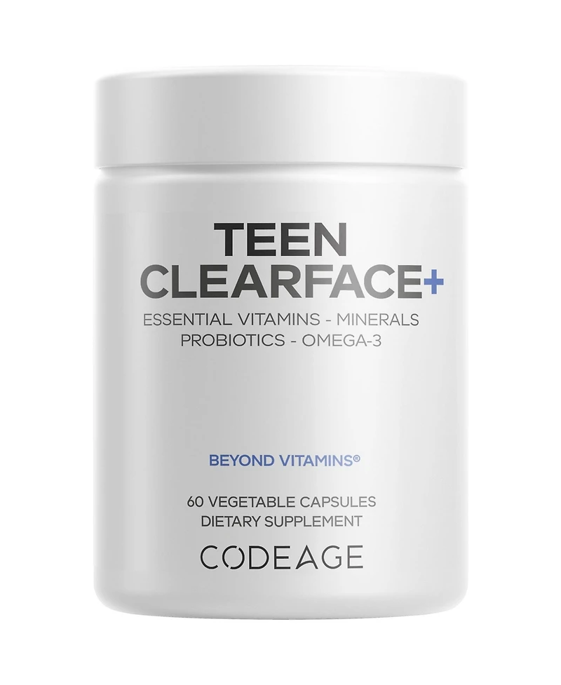Codeage Teen Clearface Adolescent Face, Skin & Pimples, Vitamins A, C, D3, E, Pantothenic Acid, Niacin, Zinc Supplement Teenagers, Probiotics, L-Lysin