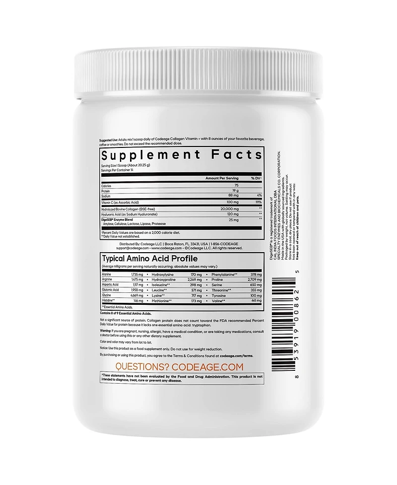 Codeage Collagen Peptides Powder + Vitamin C - 20g Grass-Fed Collagen Per Serving - Digestive Enzymes, Hyaluronic Acid, 18 Amino Acids