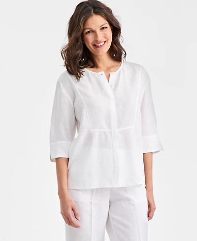 Charter Club Women's 100% Linen Front-Bib 3/4-Sleeve Blouse, Macy's Exclusive