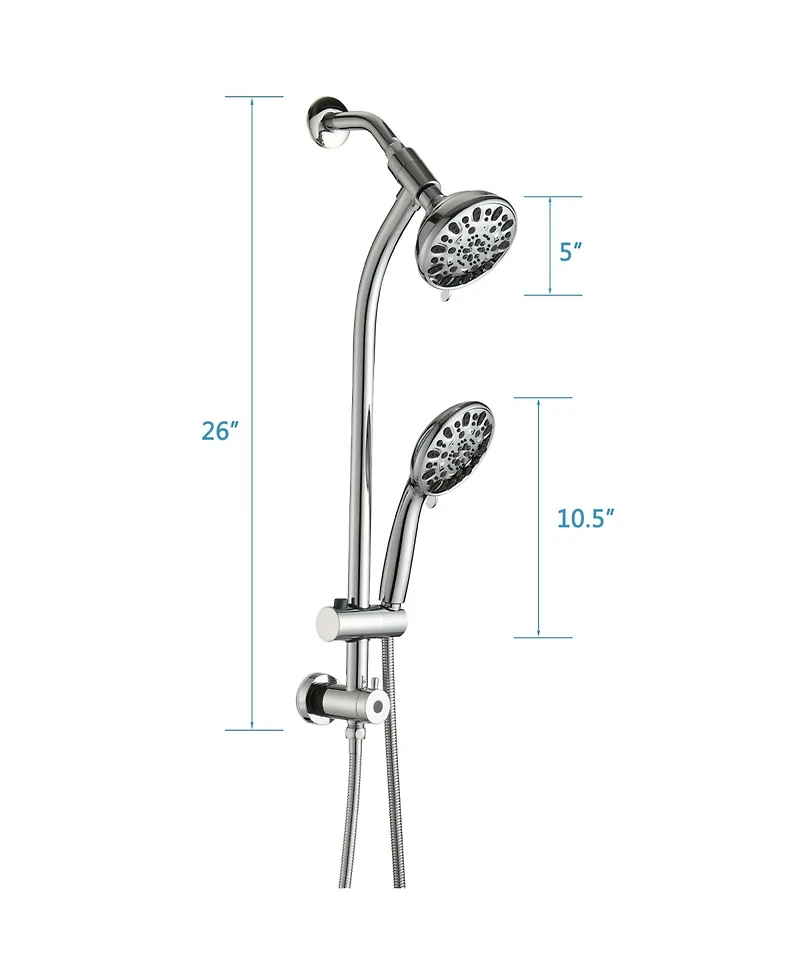 Rainsken No-Tool Installation 5 Inch Rain Shower & 7-Spray Handheld Combo with 26" Adjustable Slide Bar Dual Shower Head Combo Set