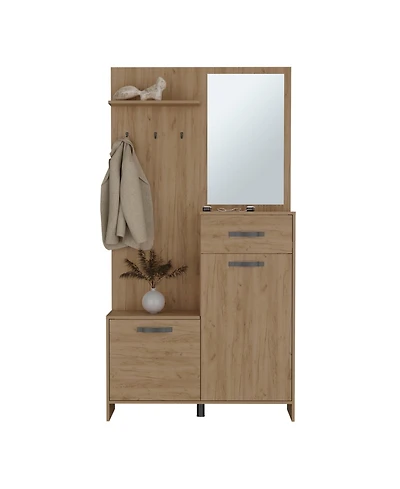 Depot E-Shop Olpe Hall Tree, 2 Doors, 1 Drawer, 1 Shelf, 1 Mirror, Natural Oak