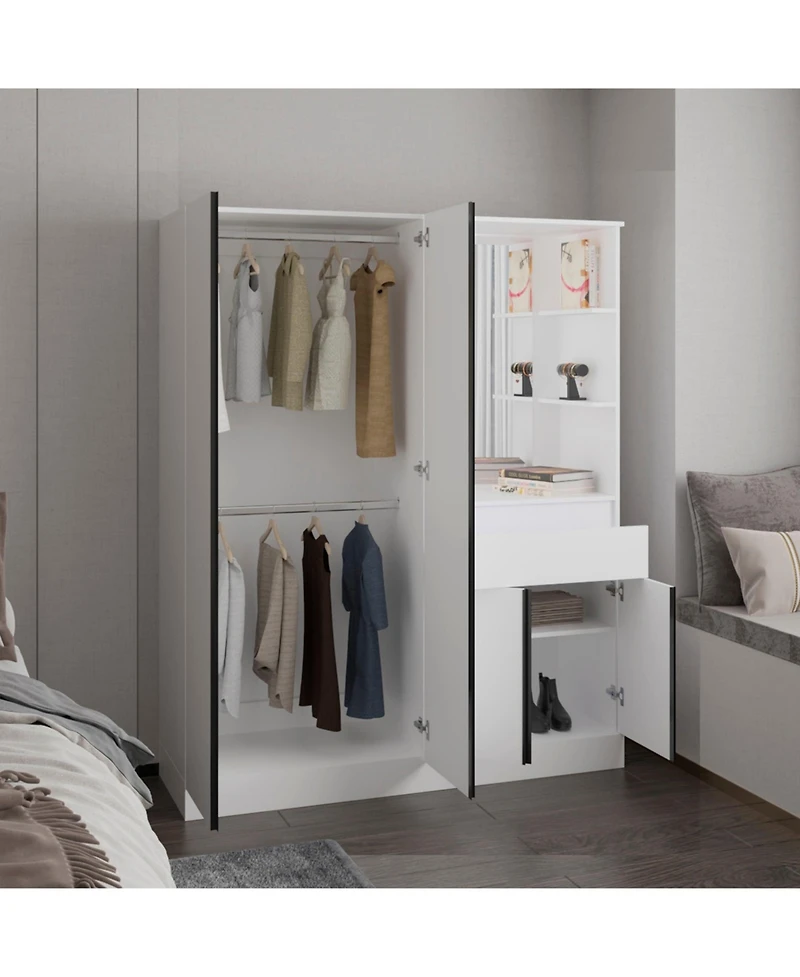 Depot E-Shop Everson Armoire, 4 Doors, 1 Drawer, 3 Shelves, 1 Mirror, White