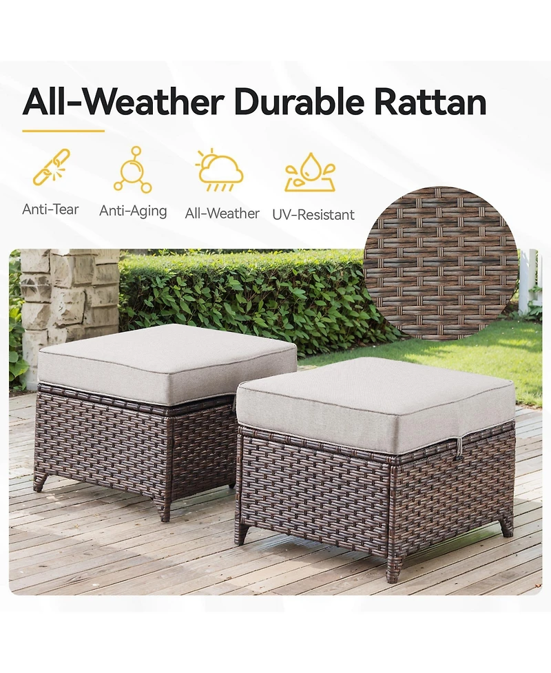 Gymojoy Slimline Brown Wicker 2-Piece Outdoor Ottoman Steel Frame Patio Footstools with Olefin Cushion