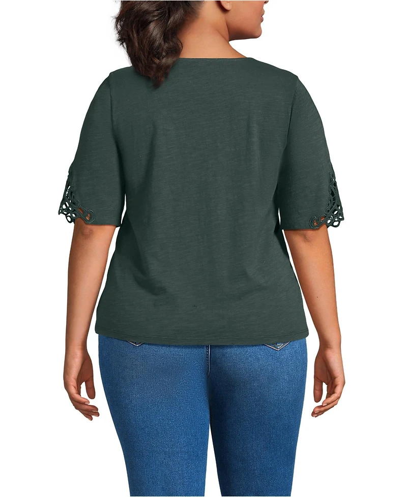Lands' End Plus Elbow Sleeve Slub Lace Trim T-Shirt