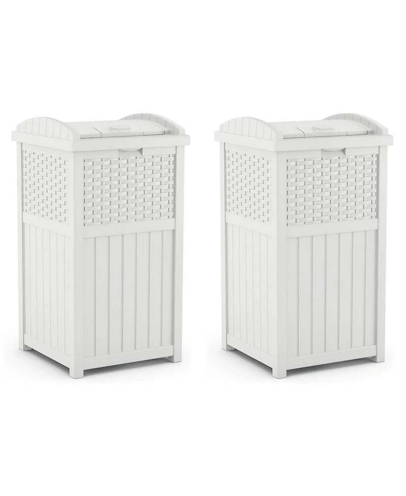 Suncast Wicker Resin Outdoor Hideaway Trash Can Bin with Latching Lid (2 Pack)