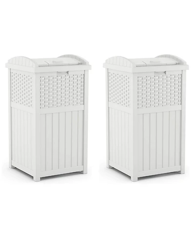 Suncast Wicker Resin Outdoor Hideaway Trash Can Bin with Latching Lid (2 Pack)