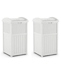 Suncast Wicker Resin Outdoor Hideaway Trash Can Bin with Latching Lid (2 Pack)