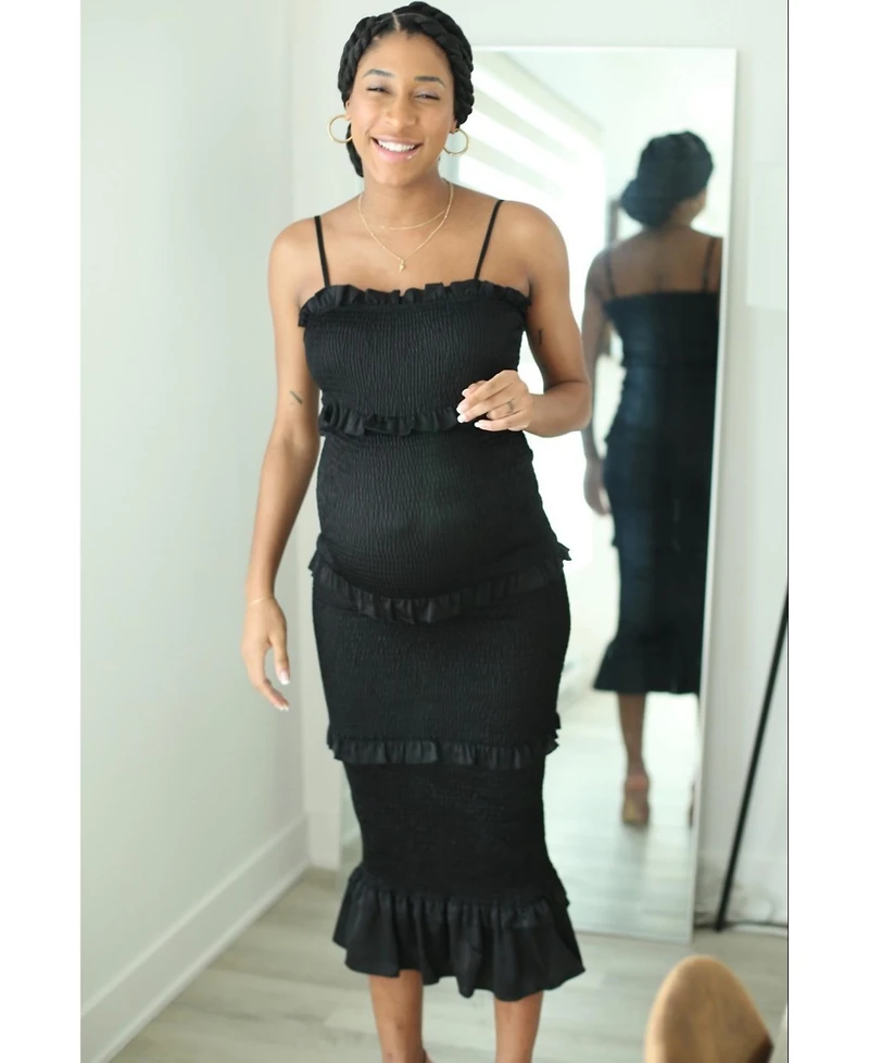 Pinkblush Maternity Olive Satin Smocked Fitted Midi Dress