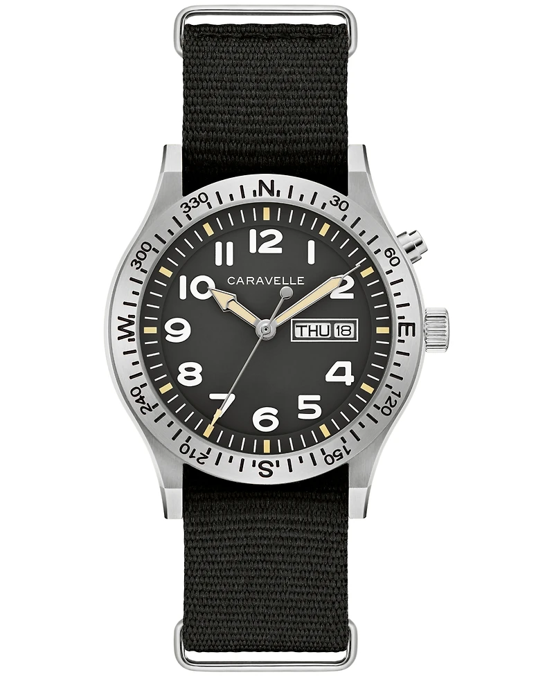 Caravelle Men's Vintage Casual Lite Up Black Nylon Strap Watch, 39mm