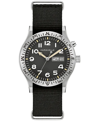 Caravelle Men's Vintage Casual Lite Up Black Nylon Strap Watch, 39mm