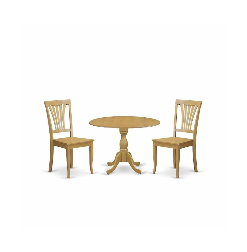 East West Furniture 3 Piece Dining Room Table Set - Dropleaf Dining Room Table and 2 Oak Wooden Dining Chairs with Slatted Back - Oak Finish