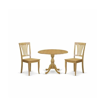 East West Furniture 3 Piece Dining Room Table Set - Dropleaf Dining Room Table and 2 Oak Wooden Dining Chairs with Slatted Back - Oak Finish