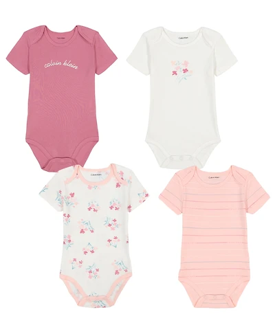 Calvin Klein Baby Girls 4-Pack Short Sleeve Ribbed Trim Floral Logo Bodysuit Set