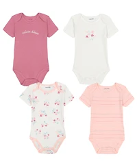 Calvin Klein Baby Girls 4-Pack Short Sleeve Ribbed Trim Floral Logo Bodysuit Set
