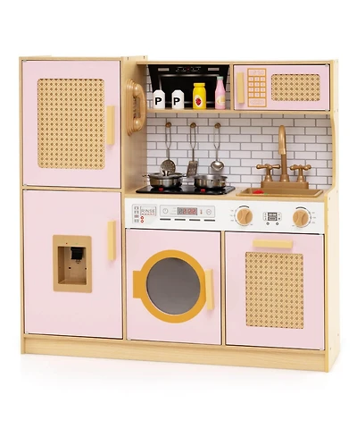 Wooden Kids Kitchen Playset Pretend Play with Real Sounds Lights