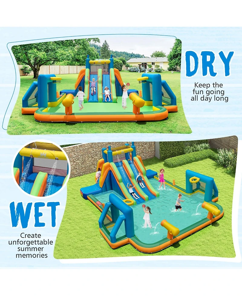 Gymax Inflatable Water Slide w/ 2 Long Slides Pool Climbing Walls 1100 W Blower