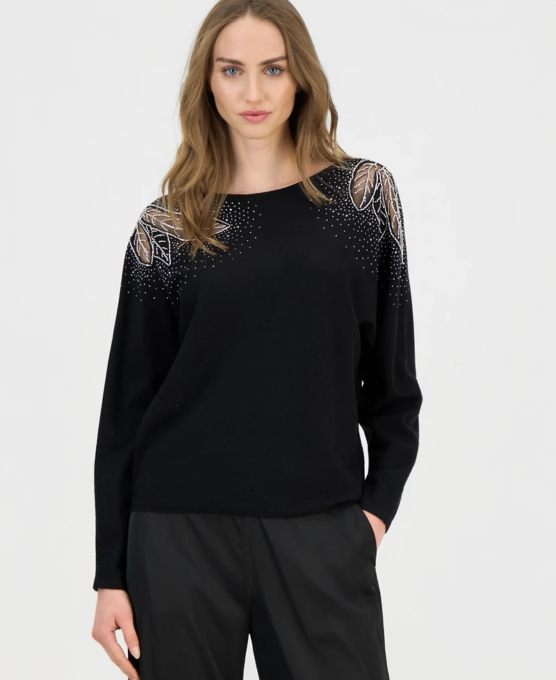 T Tahari Women's Lace-Inset Dolman-Sleeve Sweater