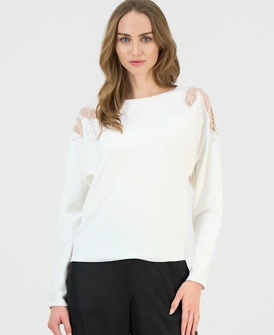 T Tahari Women's Lace-Inset Dolman-Sleeve Sweater