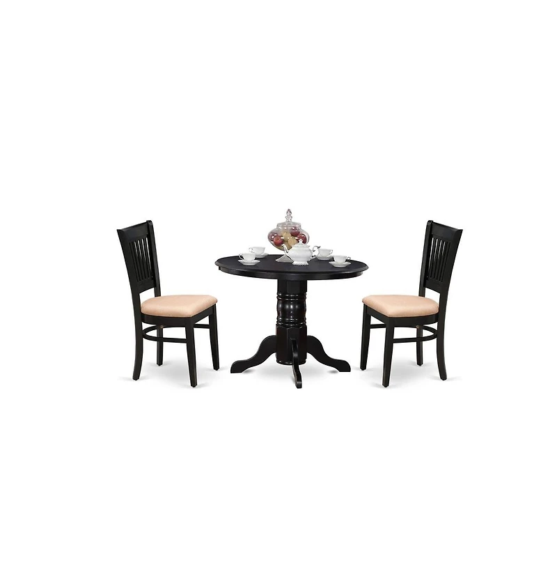 East West Furniture - SHVA3-blk-c - 3-Pc Dining Room Table Set- 2 Dining Room Chair and Kitchen Table - Linen Fabric Seat and Slatted Chair Back