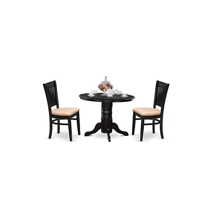 East West Furniture - SHVA3-blk-c - 3-Pc Dining Room Table Set- 2 Dining Room Chair and Kitchen Table - Linen Fabric Seat and Slatted Chair Back