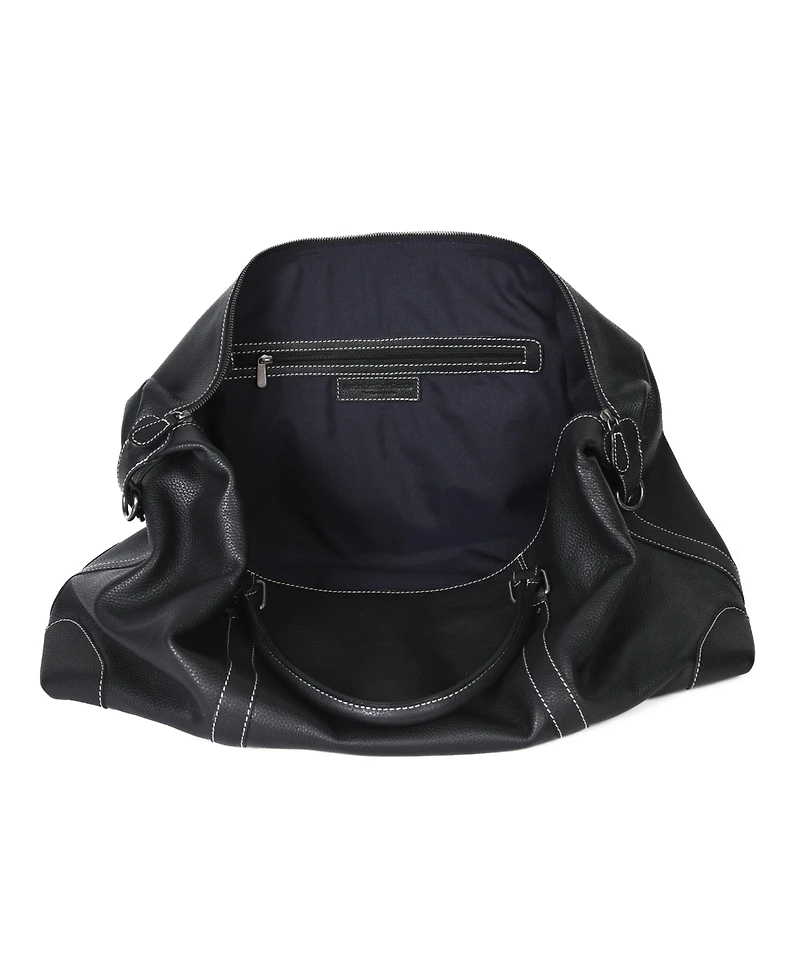 Aaron Leather Goods Full-Grain Black Leather Duffel Bag with Contrast Stitching, Adjustable Shoulder Strap, Metal Feet, and Spacious Interior –