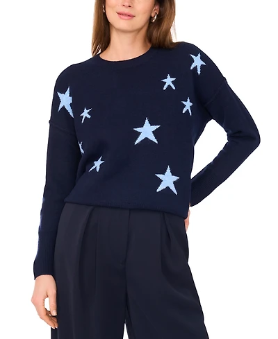 Vince Camuto Women's Cozy Crewneck Star-Print Dropped-Shoulder Sweater