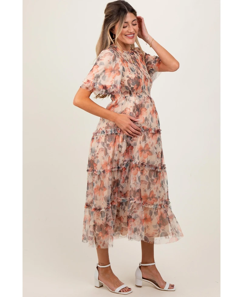 Pinkblush Maternity Peach Floral Mesh Smocked Midi Dress