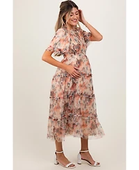 Pinkblush Maternity Peach Floral Mesh Smocked Midi Dress