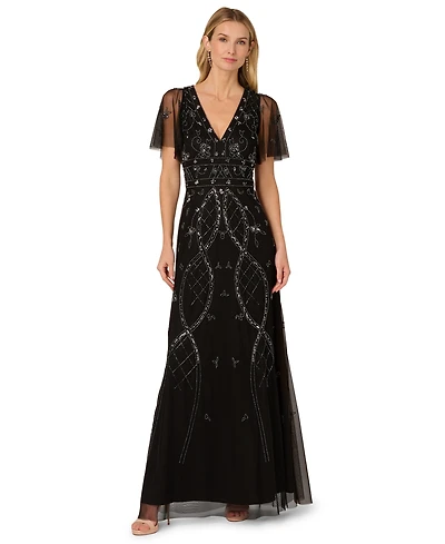 Adrianna Papell Women's Beaded Flutter Sleeve Dress