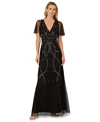 Adrianna Papell Women's Beaded Flutter Sleeve Dress
