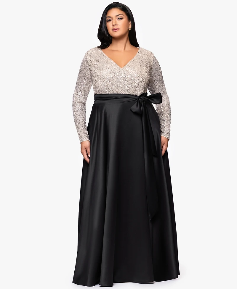Xscape Plus Long Sleeve Sequin Ballgown Skirt Dress