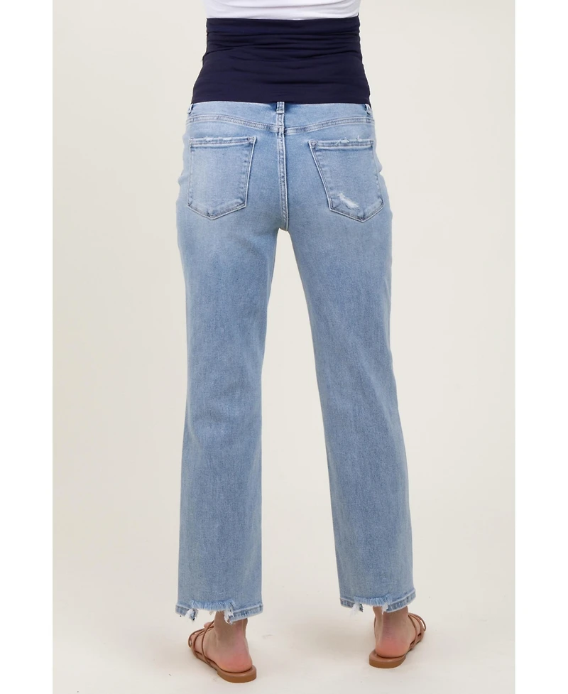 Pinkblush Light Blue Distressed Cutout Maternity Straight Leg Ankle Jeans