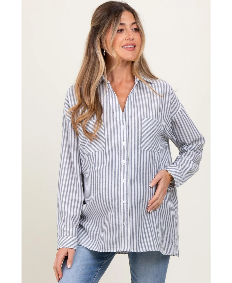 Pinkblush Maternity Navy Striped Double Pocket Button Down Top